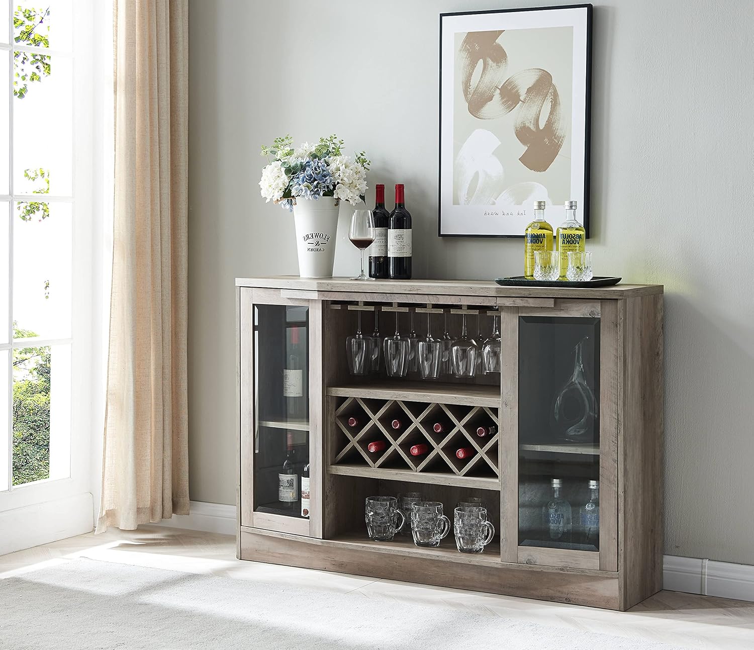 Espresso Bar Cabinet with Curved Glass Doors F64909