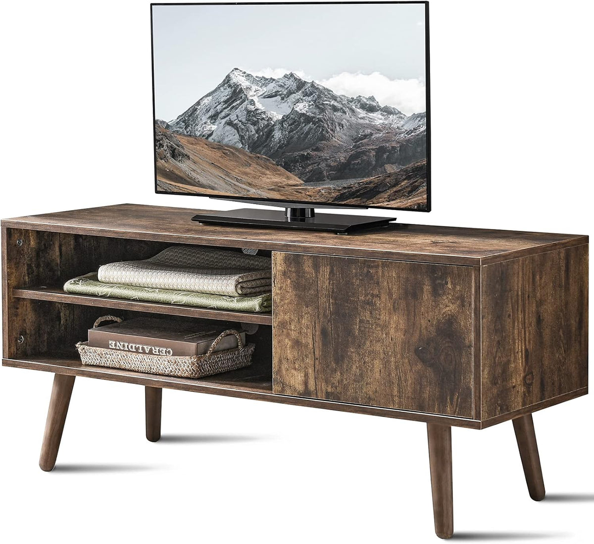 White Wood TV Stand with Shelves I903549