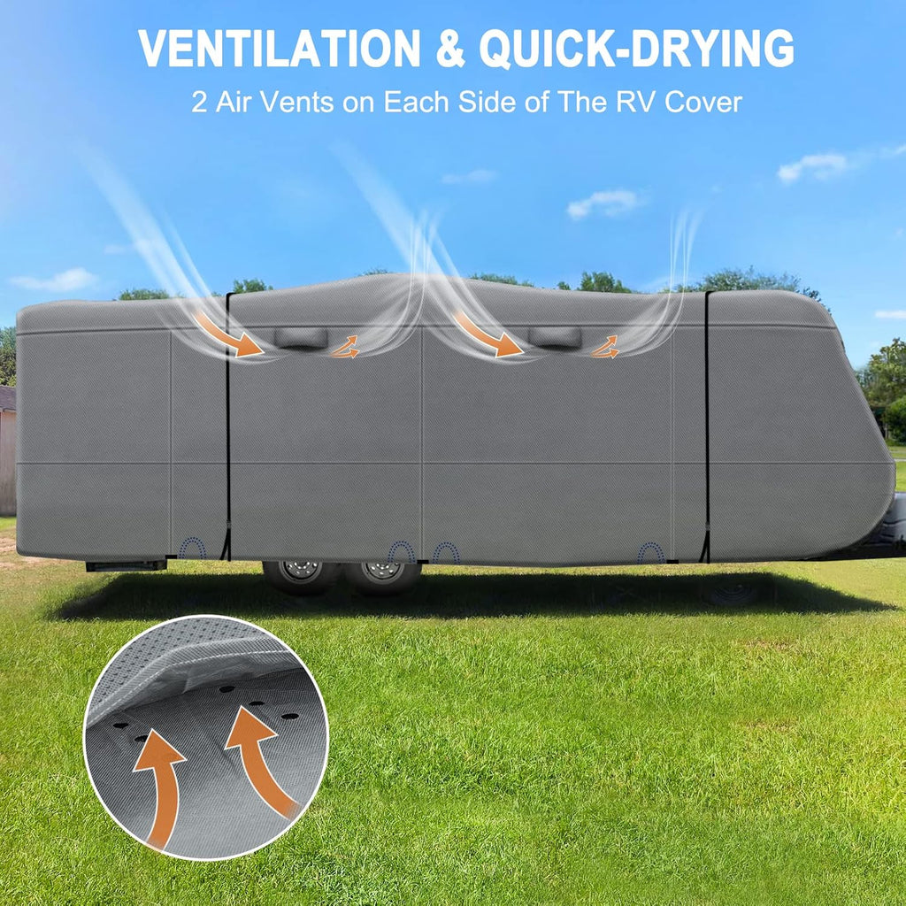 Heavy Duty 6 Layers Travel Trailer RV Cover Anti-UV Breathable Rip-Stop with 2Pcs Extra Straps & Gutter Spout Covers Q382389
