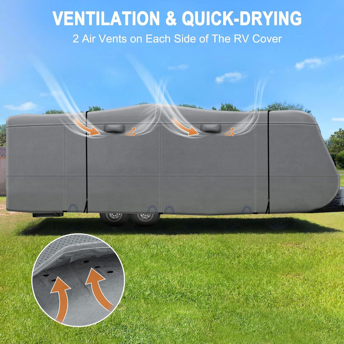 Heavy Duty 6 Layers Travel Trailer RV Cover Anti-UV Breathable Rip-Stop with 2Pcs Extra Straps & Gutter Spout Covers Q382389