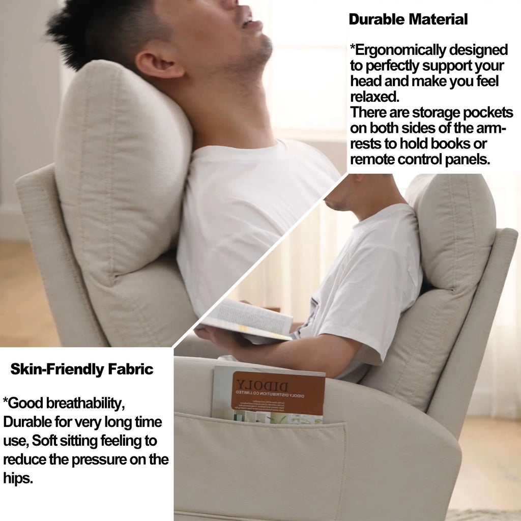 White Fabric Upholstered Rocking Chair with Solid Wood Base and 2 Side Pockets Z43711