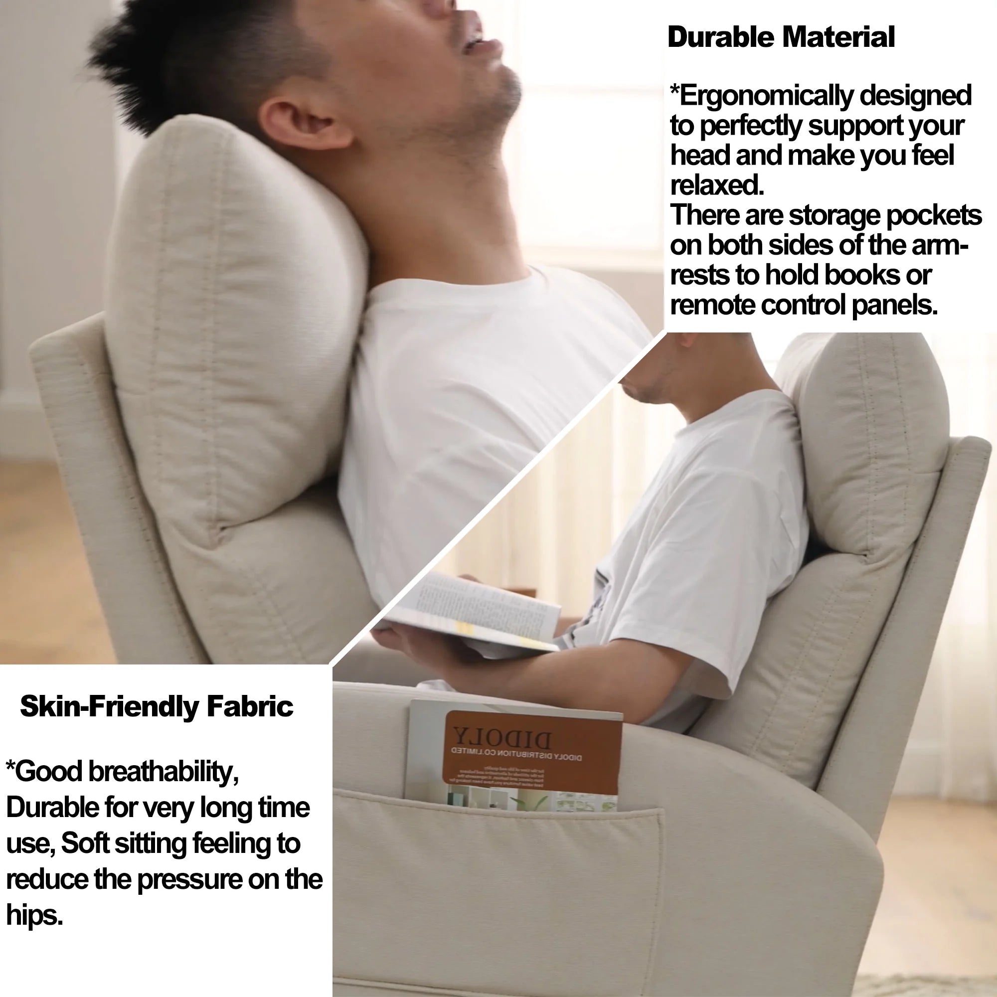 White Fabric Upholstered Rocking Chair with Solid Wood Base and 2 Side Pockets Z43711