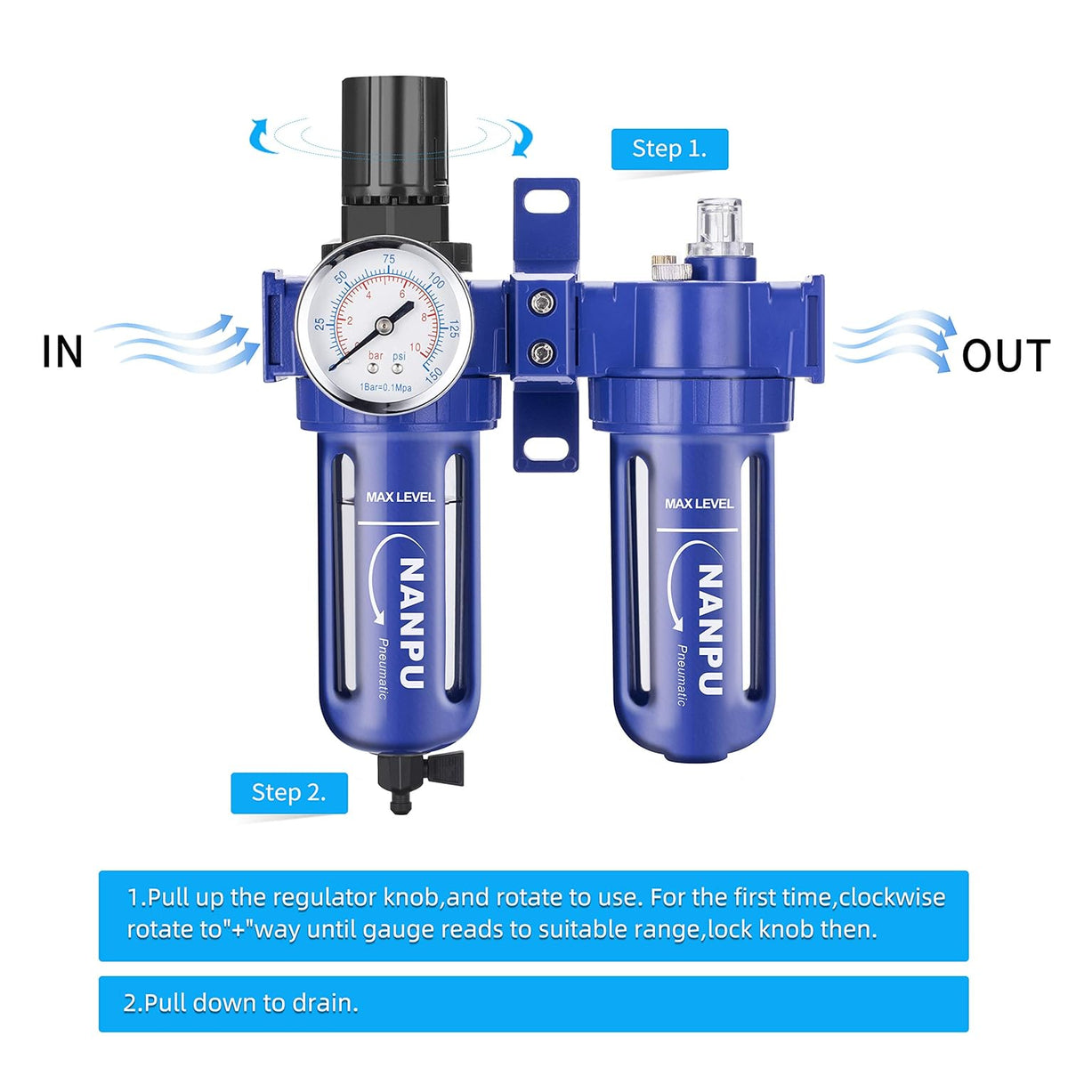 1/2 NPT Compressed Air Filter Regulator Lubricator, Zinc Alloy, 5 Micron Brass Element, 0-150 psi Gauge Q91971
