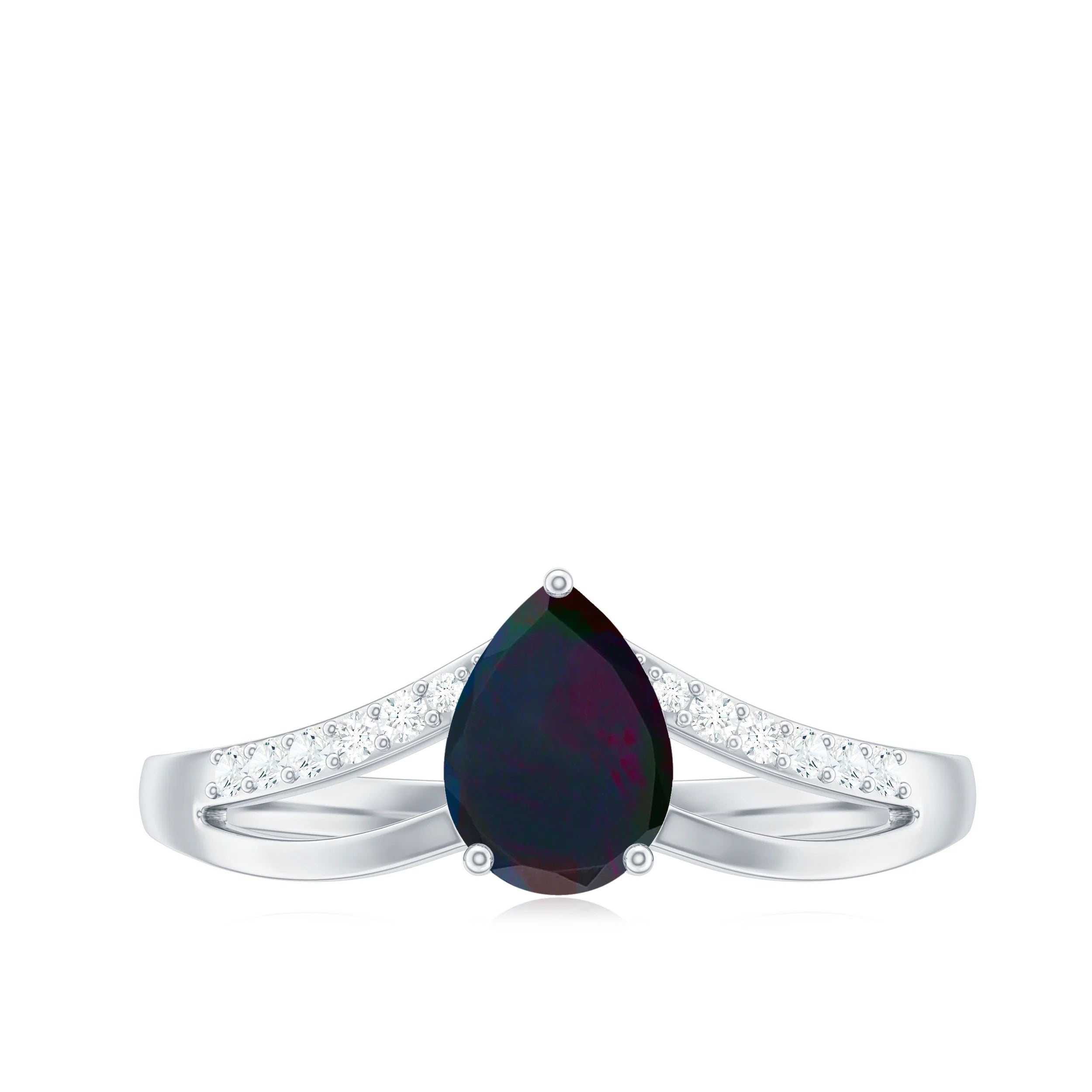 Black Opal Teardrop Ring with Diamond, Split Shank Ring, 14K White Gold G513