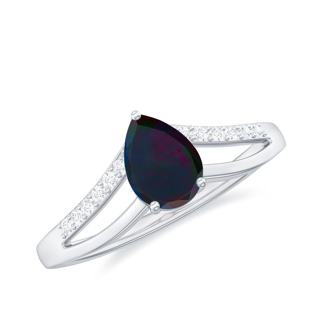 Black Opal Teardrop Ring with Diamond, Split Shank Ring, 14K White Gold G513