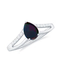 Black Opal Teardrop Ring with Diamond, Split Shank Ring, 14K White Gold G513
